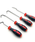 Four-piece radiator hose removal tool set with steel hooks and red and black ergonomic grips