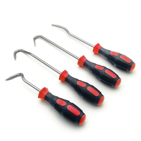 Four-piece radiator hose removal tool set with steel hooks and red and black ergonomic grips