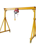 Smooth Operator Portable Gantry Crane With Height Adjustable Rig And Heavy Duty Electric Hoist Up To Three Ton Capacity in yellow with wheels