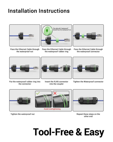 Waterproof RJ45 Coupler For Outdoor Ethernet Cables Cat6 Cat5e Cat5 IP68 Shielded Female To Female Gold Plated Connector installation instructions