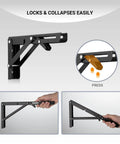 Heavy Duty Wall Mounted Folding Shelf Brackets With Tough Triangle Frame And Slick Fold Away Design For Hella Space Saving Diy Build Projects Max Load 330lbs In White Two Pack mechanical mechanism shown with user demonstrating folding action.