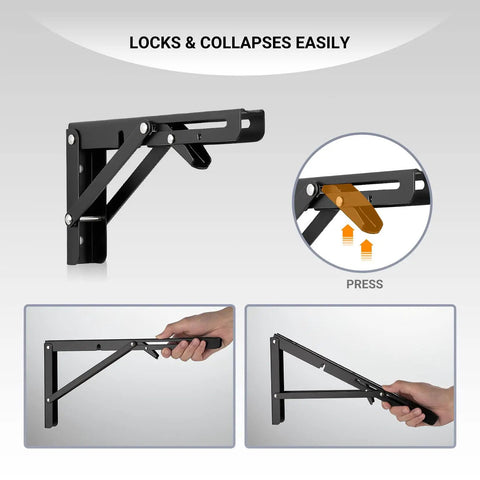 Heavy Duty Wall Mounted Folding Shelf Brackets With Tough Triangle Frame And Slick Fold Away Design For Hella Space Saving Diy Build Projects Max Load 330lbs In White Two Pack mechanical mechanism shown with user demonstrating folding action.
