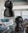 Indoor Wireless IP Camera With 1080P HD Video No Fuss Home Security Motion Detection Night Vision PTZ Pan Tilt Zoom Two Way Audio Remote Access From IPhone Android PC Over WiFi Micro SD Ready For Local Or Cloud Recording, showing front and back views with labeled features.