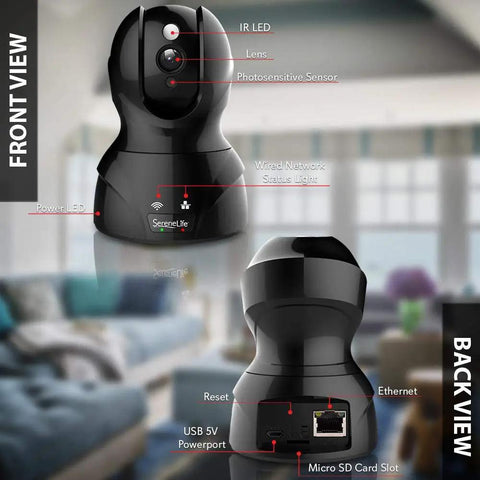 Indoor Wireless IP Camera With 1080P HD Video No Fuss Home Security Motion Detection Night Vision PTZ Pan Tilt Zoom Two Way Audio Remote Access From IPhone Android PC Over WiFi Micro SD Ready For Local Or Cloud Recording, showing front and back views with labeled features.
