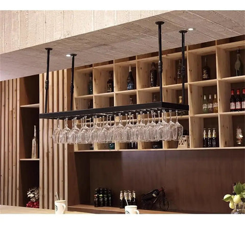 Red Wall Mounted Wine Glass Holder With High Legged Hanging Bracket And Adjustable Suspension Rod in modern kitchen setting