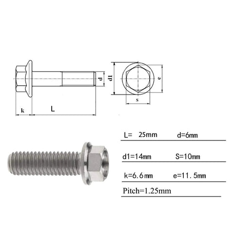 Titanium M8x25mm small flange hex bolt, 1.25mm pitch, pack of 4; side and top views