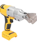 This is the heavy duty Cordless Metal Shear Cutter with brushed steel blades and yellow handle, ideal for cutting metal and fabric.