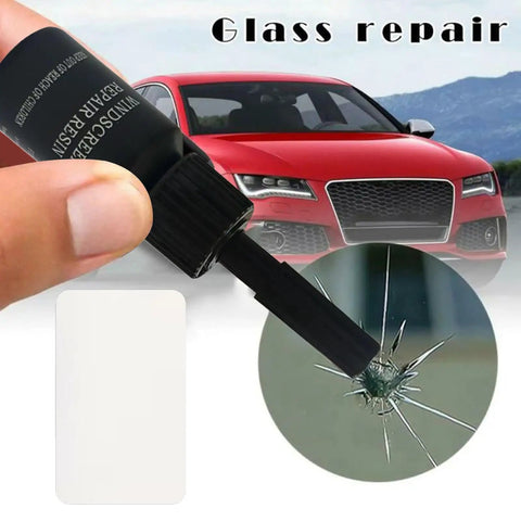 Pro Grade Auto Glass And Surface Repair Kit With Resin Fluid fixing a windshield crack near a red car