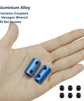 Six Pack 5mm To 8mm Bore Rigid Shaft Couplers Aluminum Alloy Blue, 25mm Length, 14mm Outside Diameter, M4 Set Screws, L Wrench Included, High Precision Shaft Alignment For CNC Robotics And Motor Projects in hand