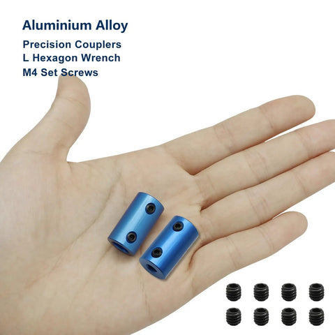 Six Pack 5mm To 8mm Bore Rigid Shaft Couplers Aluminum Alloy Blue, 25mm Length, 14mm Outside Diameter, M4 Set Screws, L Wrench Included, High Precision Shaft Alignment For CNC Robotics And Motor Projects in hand