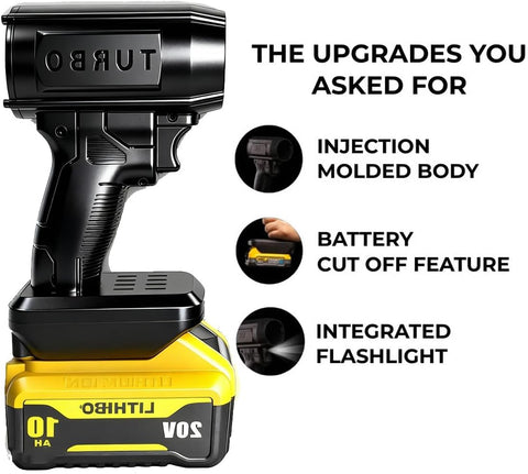 Jet Blower 2.0 Handheld Cordless Air Dryer for Cars, Patios and Snow with injection molded body, battery cut off, flashlight