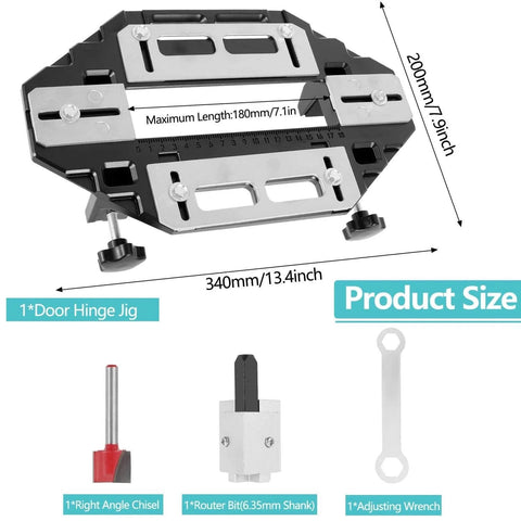 Pro Grade Door Hinge Adjustment Tool Kit With Template Jig And Concealed Hinge Locator, aluminum, 18 cm max length jig and tools shown.