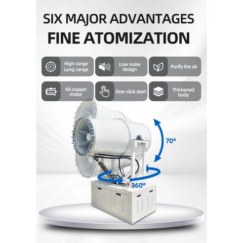 Heavy duty mobile fog cannon sprayer with dual nozzles, designed for dust control in construction and outdoor settings.