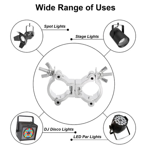 Beefy Aluminum Stage Lighting O Clamp With Double Buckle For 0.94 To 1.02 Inch OD Tubing Heavy Duty Pipe Mount 15 Lb Max Load Durable Truss Clamp For Gigs And Events One Piece with examples of spot lights, stage lights, DJ disco lights, and LED par lights.