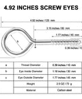 Diagram of 4.92-inch screw eye with measurements, carbon steel material, showing thread diameter, eye inside and outside diameters.
