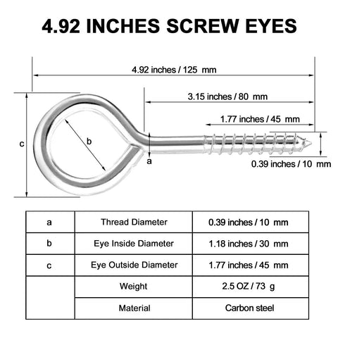Diagram of 4.92-inch screw eye with measurements, carbon steel material, showing thread diameter, eye inside and outside diameters.