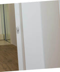 Sliding Barn Door Lock Privacy Latch With Screws Rust Resistant Outswing Door Security on a white interior door.
