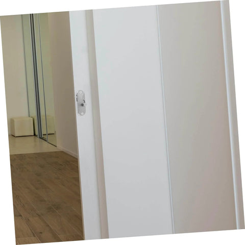 Sliding Barn Door Lock Privacy Latch With Screws Rust Resistant Outswing Door Security on a white interior door.