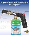 Pro Searer Kitchen Torch For Searing Meats And Fish, Sous Vide Finish, Piezo ignition button, attached to a propane cylinder.
