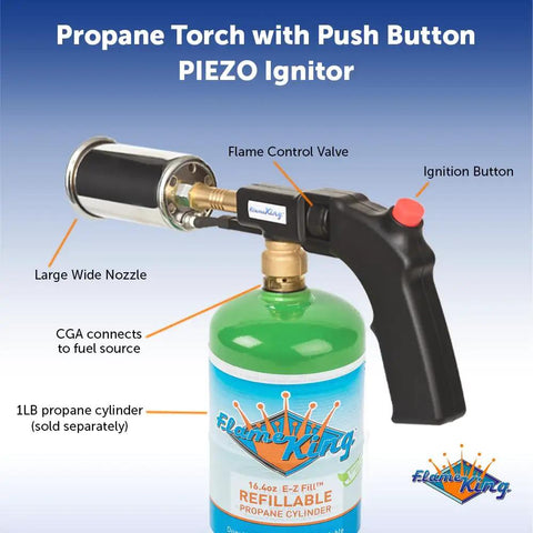 Pro Searer Kitchen Torch For Searing Meats And Fish, Sous Vide Finish, Piezo ignition button, attached to a propane cylinder.