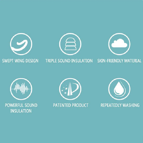 Icons showing features of Soft Silicone Reusable Ear Plugs With 33 dB Noise Reduction for Sleep Travel And Swim Waterproof Non Toxic
