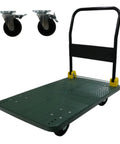 Tough As Nails Foldable Push Cart Dolly green platform with smooth swivel wheels and reinforced deck, suitable for heavy hauling tasks.
