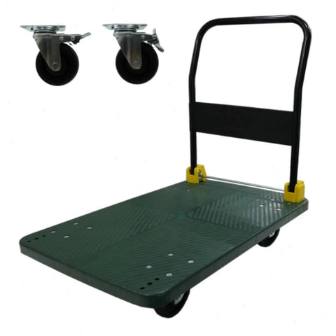 Tough As Nails Foldable Push Cart Dolly with reinforced anti skid deck and smooth swivel wheels for 880 pounds capacity.