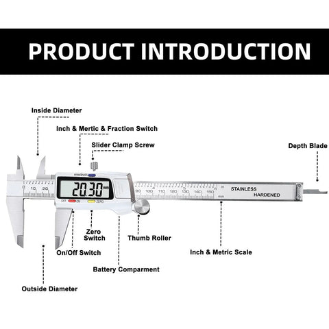Diagram of Six Inch Digital Caliper Stainless Steel Measuring Tool With Large LCD Screen Electronic Vernier Caliper