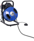 Pro Grade Electric Drain Auger With 60 Ft Flexible Wire Cable and four swappable cutters, blue steel drum and foot switch.