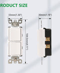 Two In One Duplex Rocker Combination Switch 4 Pack 15A 120V Decorator Double Light Switch Space Saving Stack Switch For Fan And Light Control UL Listed White Finish, front and side view with dimensions
