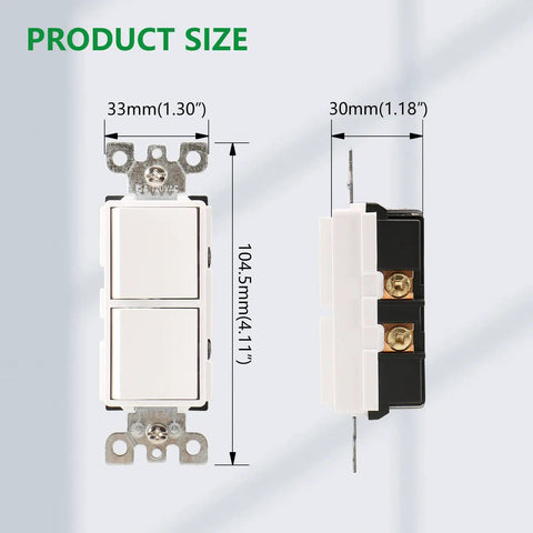 Dual Rocker Combination Decorator Switch White 120V 15A Ground Terminal UL Listed Two Separate Switches for Your Home or Office Residential Commercial Grade Space Saving Easy Install. product size 104.5mm front and side view