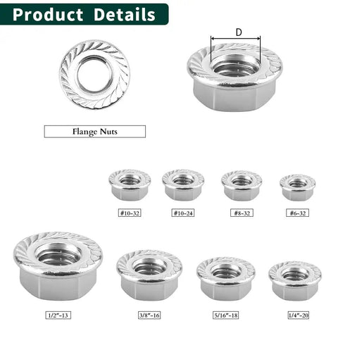 10-24 UNC Serrated Flange Hex Lock Nuts In Durable 304 Stainless Steel That Fights Vibration And Loosening For Machinery Auto And DIY Projects 50 Pack Heavy Duty Fasteners That Grip Surfaces Securely And Keep Fasteners Tight In Vibration Environments displayed with measurement details.