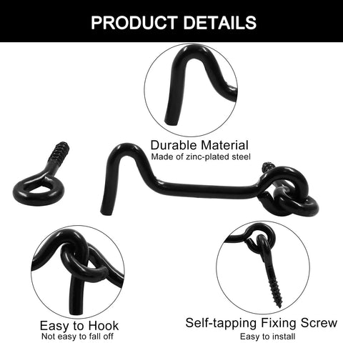 Heavy Duty 2 Inch Black Hook And Eye Latches, 6 Pack, zinc-plated steel, easy to hook, durable design for secure fastening.
