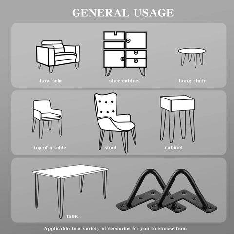 Diagram showing uses of Four Inch Hairpin Legs Set Of 4 for low sofas, cabinets, tables, and more with floor protectors.