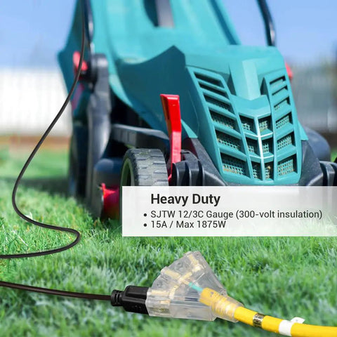 Heavy Duty 15 Foot 12 Gauge 3 Conductor Outdoor Extension Cord With Tri Tap Splitter LED Lighted Plug near lawn mower