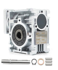 Front view of Jecoupoon NMRV-030 worm gear reducer with shaft and mounting hardware, aluminum housing.