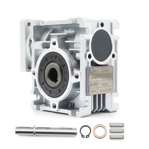 Front view of Jecoupoon NMRV-030 worm gear reducer with shaft and mounting hardware, aluminum housing.