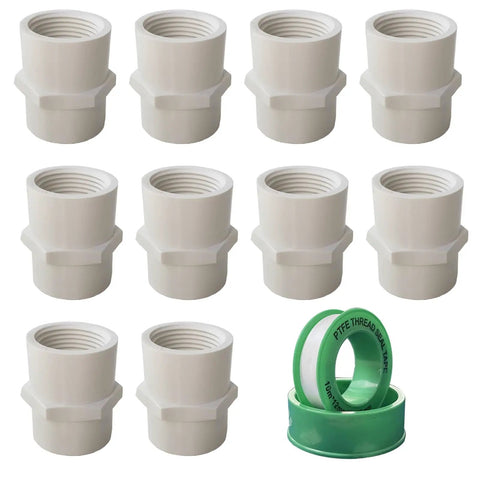 3/4 Inch PVC Pipe Fitting Kit 10 Pack NPT Female Thread Socket and Slip Coupling Connector Sch40 with PTFE tape