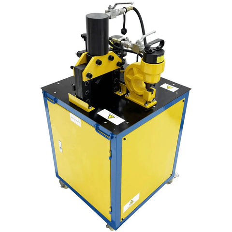 3 In 1 Electric Hydraulic Angle Iron Processing Workhorse Knockout Power Punch with hydraulic motor, cutting and punching features.