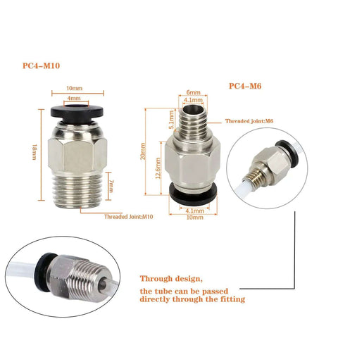 Close-up of PC4-M6 and PC4-M10 pneumatic fittings for 2M Bowden Tube For 3D Printing, PTFE Teflon Tubing, showing dimensions and details.