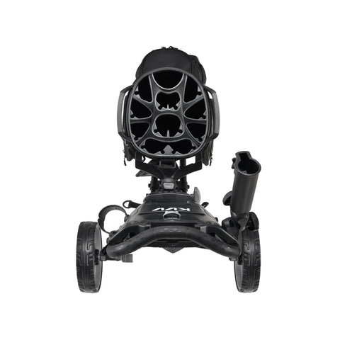 Hardcore Lightweight Foldable Golf Push Cart With Zero Hassle Quick Release Frame And Smooth 360 Rotating Front Wheel Adjustable Handle cooler cup rack viewed from the front.