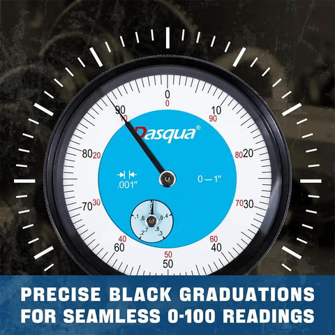 Close-up of Industrial Dial Indicator with Boss Level Precision, 0 to 1 Inch Measuring Range, 2.25 Inch Dial, black graduations