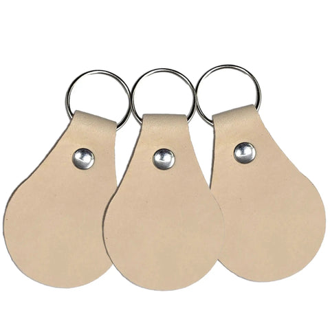 Fresh Veg Tan Leather Key Fobs In A Ten Pack With Pre Assembled Hardware ready for stamping, featuring three key fobs.