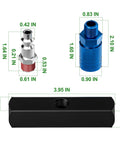 Workhorse Aluminum 3 Way Air Manifold And Splitter with couplers and NPT plug dimensions shown, black and blue parts
