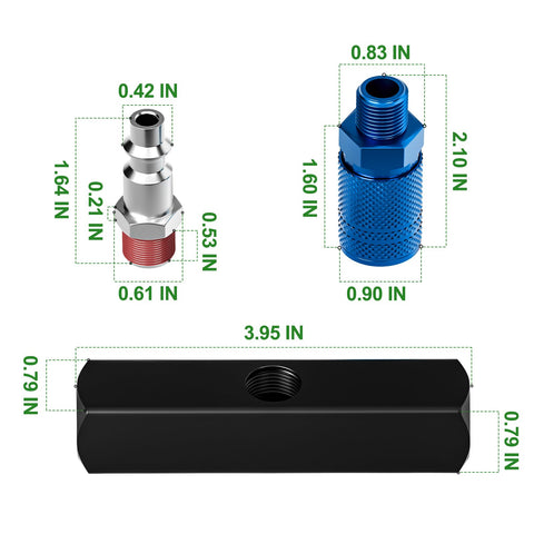Workhorse Aluminum 3 Way Air Manifold And Splitter with couplers and NPT plug dimensions shown, black and blue parts