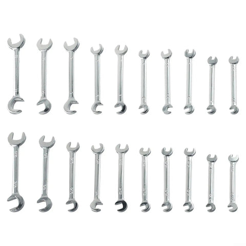 Top Tier 20-Piece Hex Key And Sae Wrench Combo Set For Auto Repair Garage Work Portable Tool Kit Heat Treated Alloy Steel For Diy Pros, metric and SAE open-end wrenches arranged on white