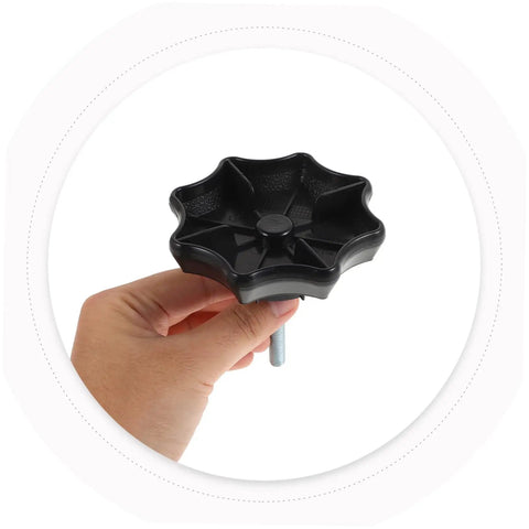 Spare Tire Bolt Adapter And Retainer Clamp for Secure Mounting, black plastic knob held in hand, versatile fit for many car models.