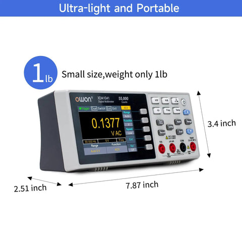 Portable Desktop Digital Multimeter With 3.5 Inch LCD Display For AC And DC Current Voltage And Temperature True RMS Readings Built For Pro Labs Instruments And Factories Ultra Thin And Lightweight For On The Go Use XDM1041, showing dimensions and weight