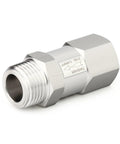Close-up of stainless steel 316L check valve, 1/4 in NPT male to 1/4 in NPT female, inline backflow preventer.