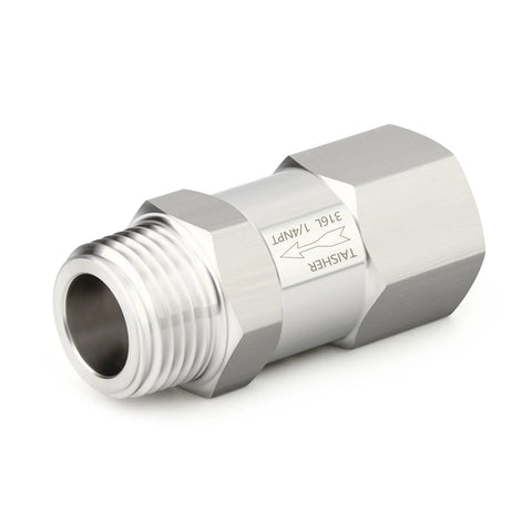 Close-up of stainless steel 316L check valve, 1/4 in NPT male to 1/4 in NPT female, inline backflow preventer.